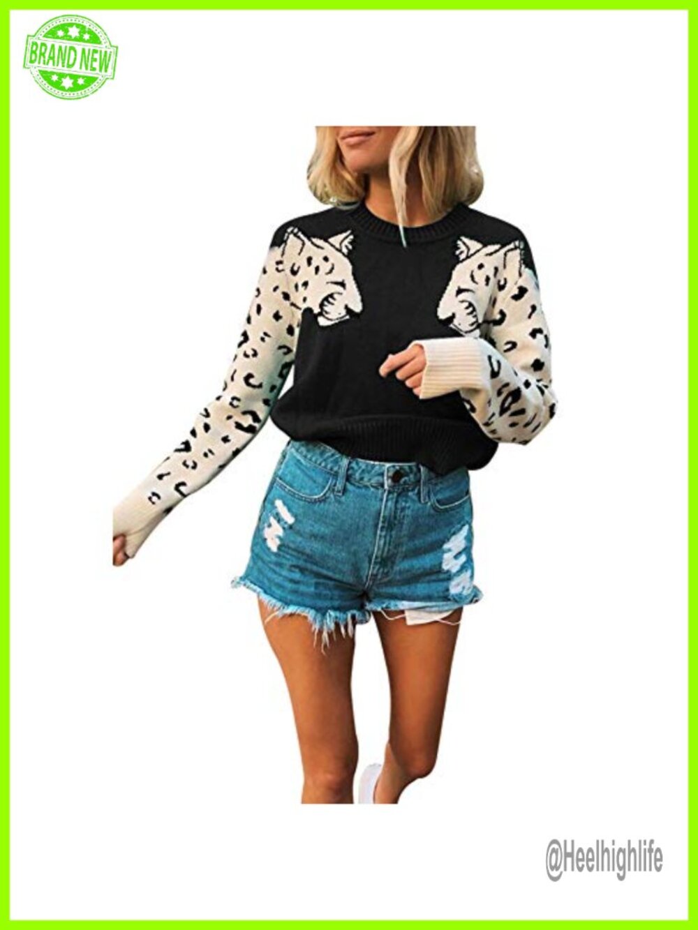 Womens Casual Leopard Print Knitted Pullover Sweater Long Sleeve Crew Neck